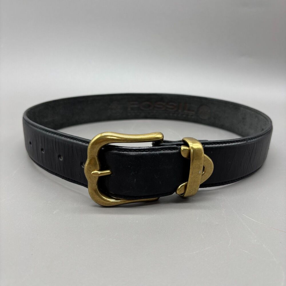 Vintage Fossil Y2K Black Full Grain Leather Belt Solid Brass Buckle Wmns Small